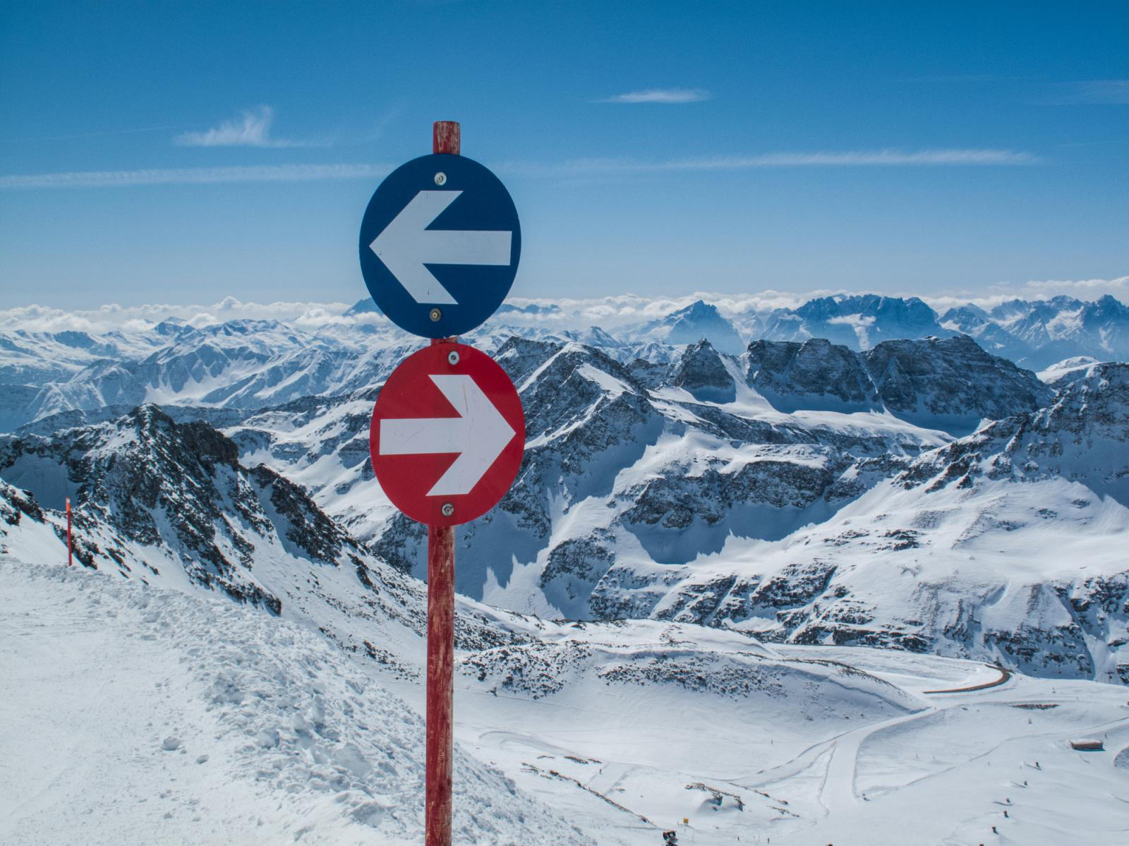 Hinweischild - Richtungstafel Skiroute im Skigebiet