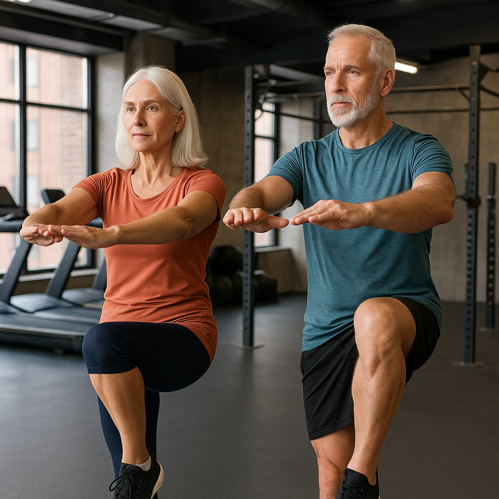 Glückliches Paar beim Balancetraining im Fitnessstudio