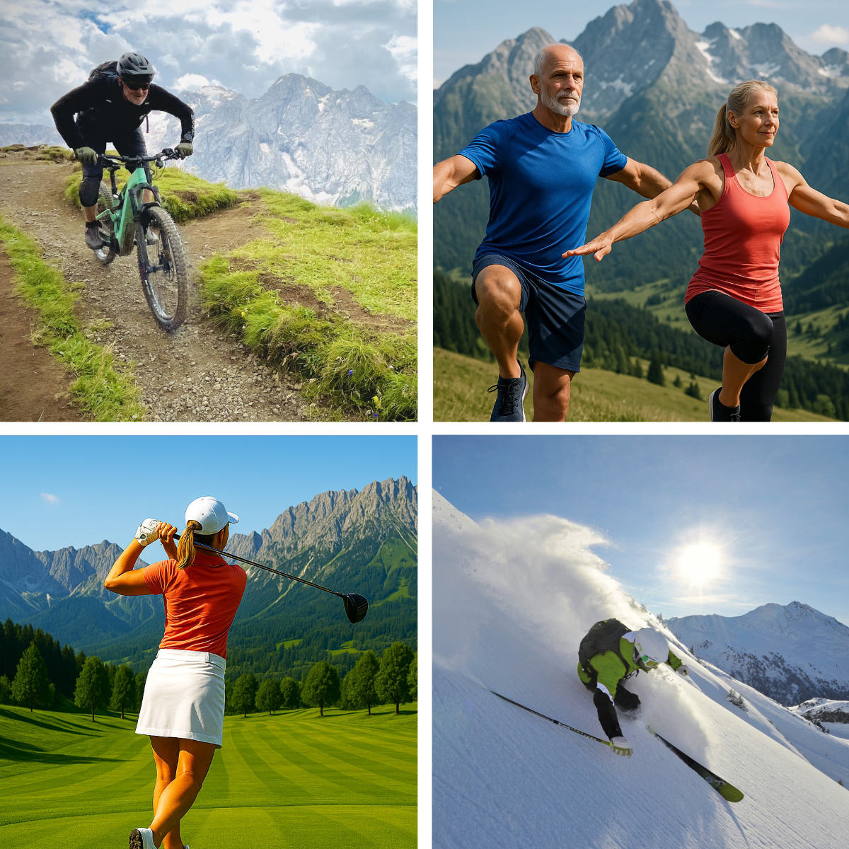 Collage mit 4 Bilder Sport: E-MTB Bike, Golf, Fitness Balance, Skifahren